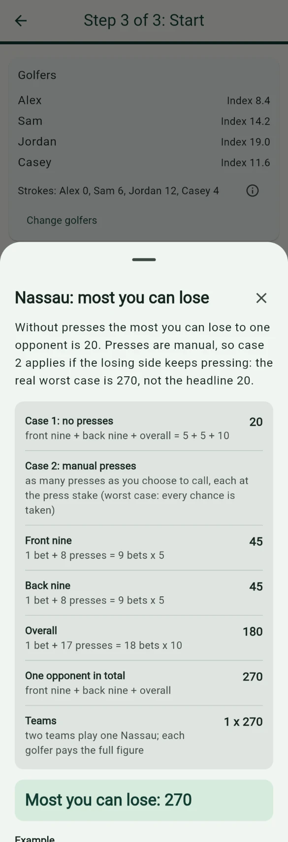 An explanation sheet showing how the most you can lose in a Nassau is worked out, step by step.