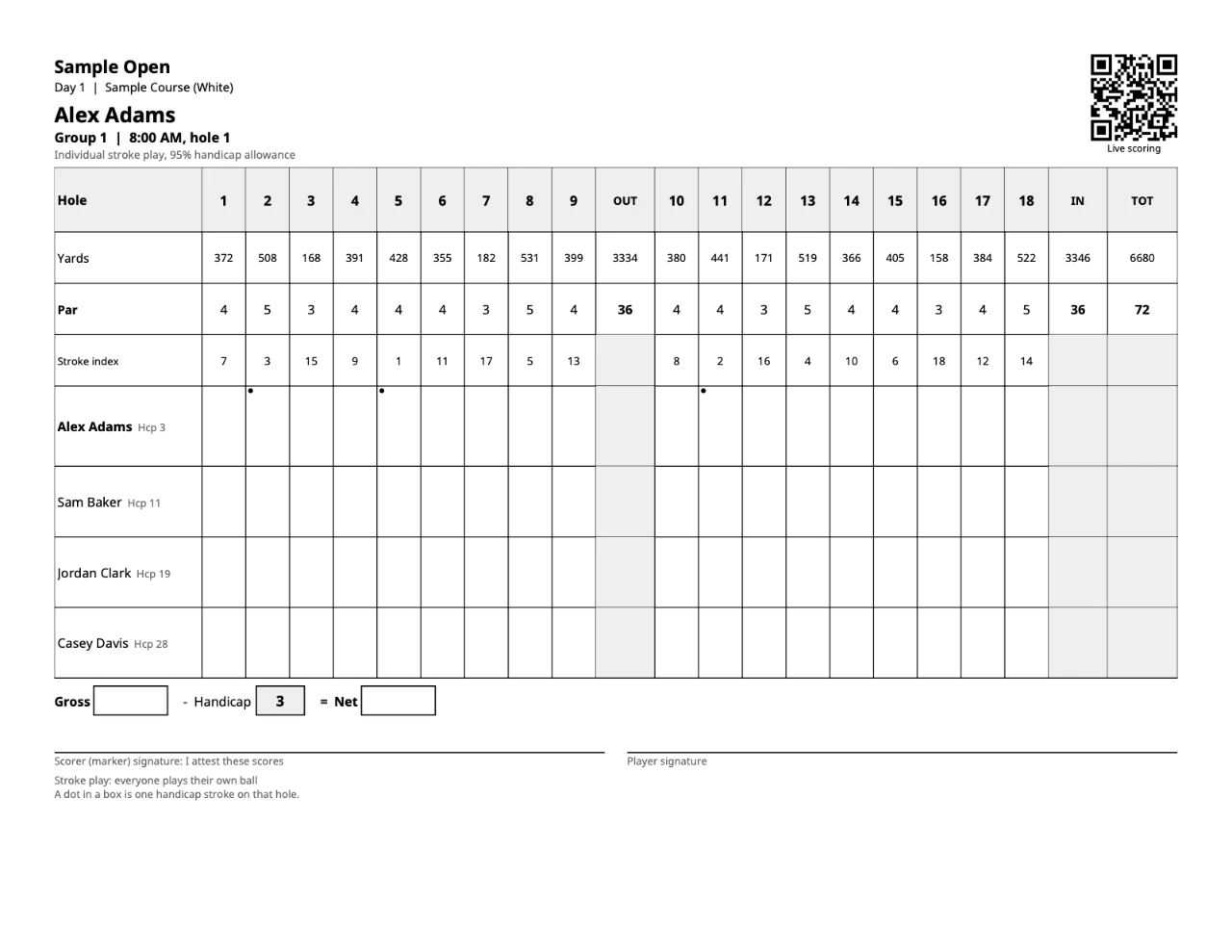 A printable scorecard page for a sample event, with holes, yardages, par, stroke dots and a live scoring QR code.