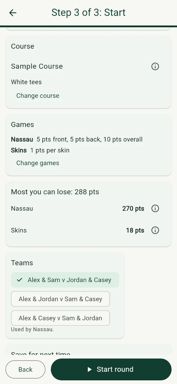 The last setup step listing the chosen games and a card that shows the most you can lose, in points.
