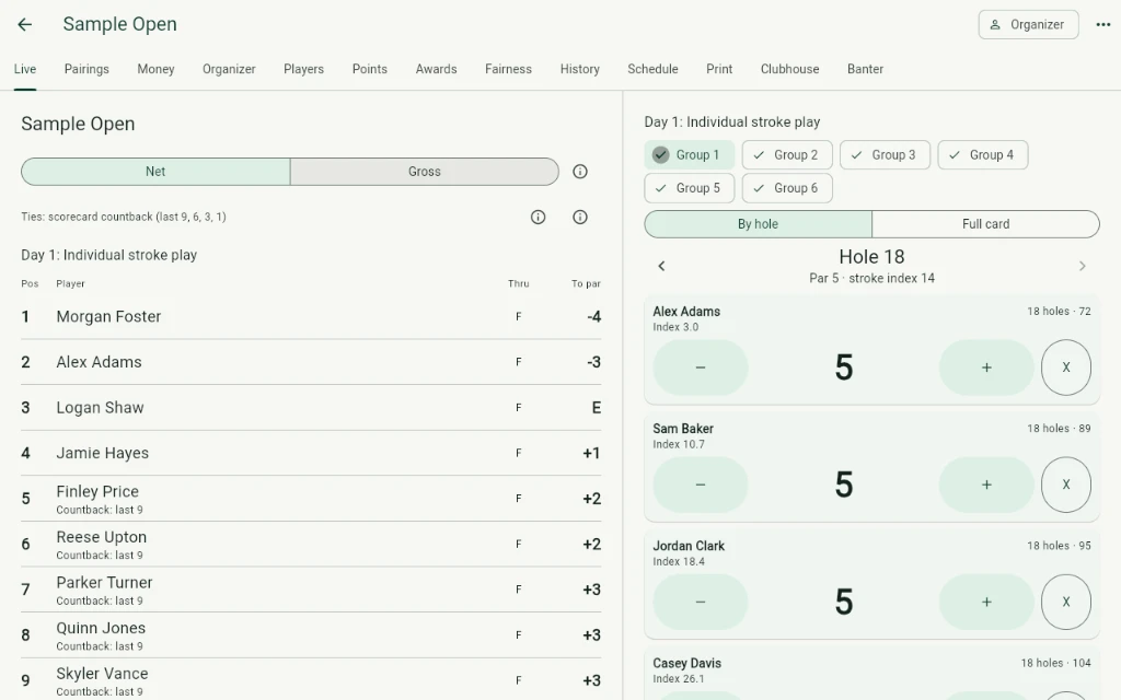 A tournament leaderboard on a tablet-sized screen, listing golfers by position with holes played and score to par.