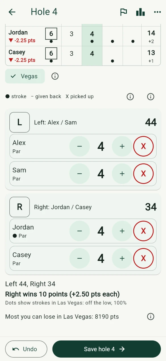 Las Vegas score entry with Left and Right team buttons and each golfer's score for the hole.